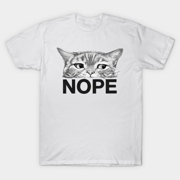 Nope Cat on White T-Shirt by LauraGraves